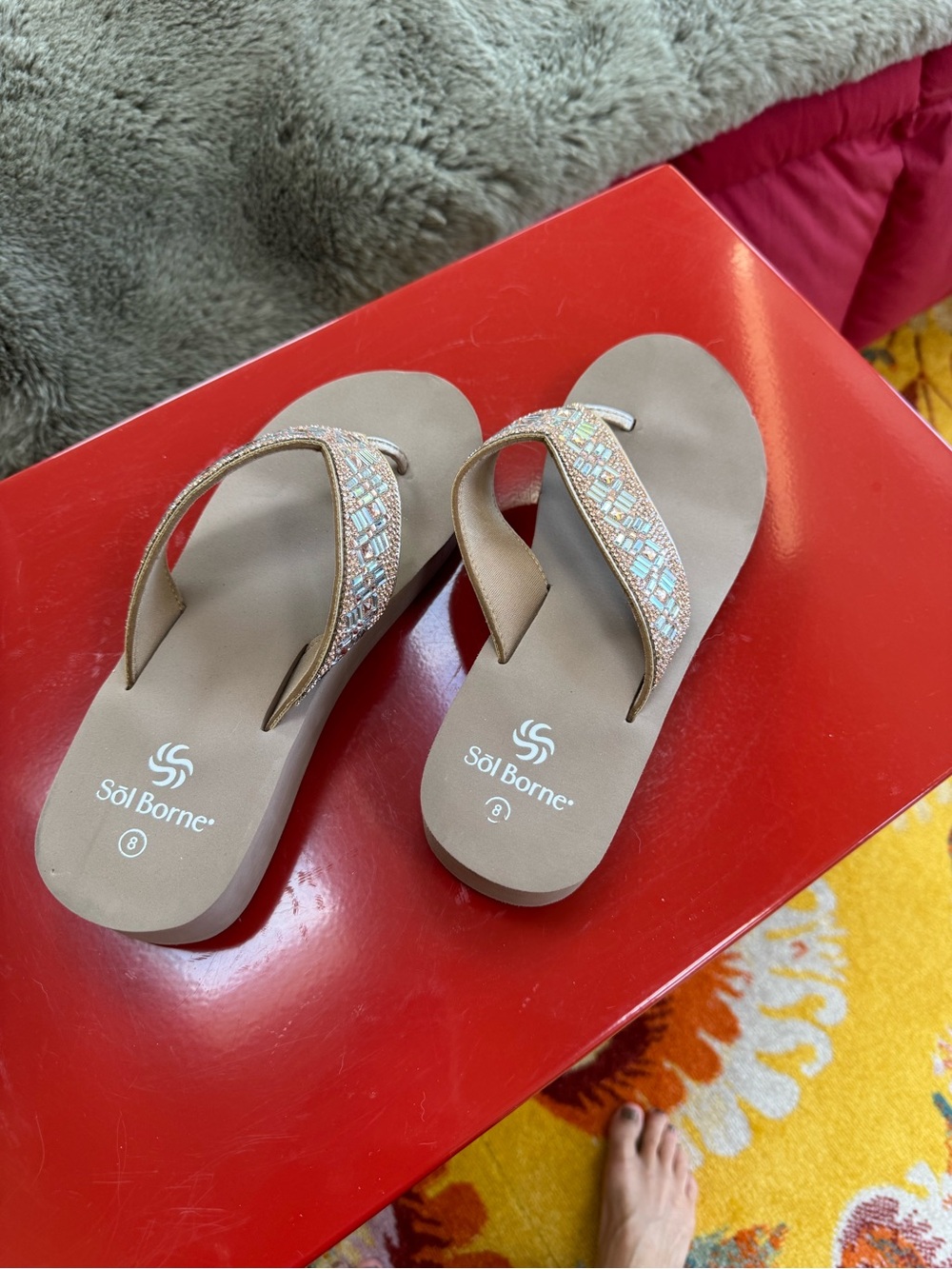 Embellished Beige Thong Sandals